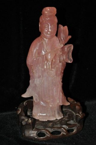 Chinese Antique Pink Rose Quartz Carving Of Maiden