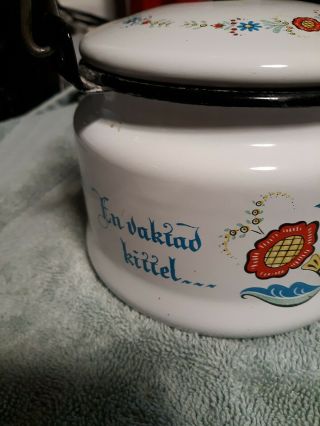 Vintage Enamel Teapot Kettle Swedish Berggren EN VAKTAD KITTEL BLIR ALDRIG BRAND 2