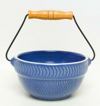 Vintage Blue Pottery Bowl Wire Bale Wood Handle Country Crock Berry Bowl Texture