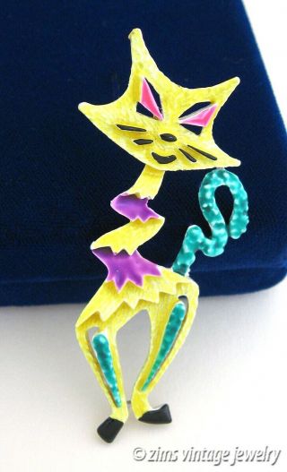 Vintage 60’s Jj Signed Modernist Colorful Enamel Abstract Cat Figural Pin Brooch