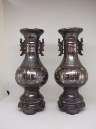 Chinese / Vietnamese silver inlaid bronze altar vases 19th century 3