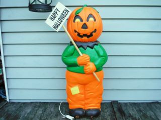 Vtg Union Don Featherstone Lighted Scarecrow Pumpkin Blow Mold - 31 " Tall W/ Sign