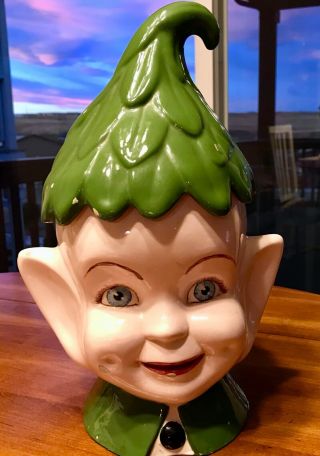 Vintage Green Hat Elf Pixie Head Ceramic Cookie Jar