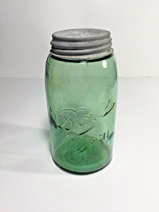 Antique,  Rare Green / Blue Ball Mason,  1 - Quart Canning / Fruit Jar W/ Zinc Lid