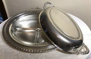Vintage Silver Plated Oval Covered Serving Dish Dual Handled Glass Insert 11.  75 "