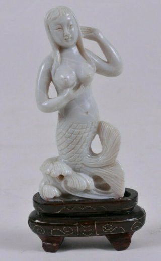 SMALL VINTAGE CARVED STONE ASIAN/CHINESE MERMAID EROTIC FIGURE ON STAND 2