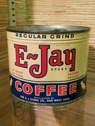 Rare Antique Tin Can E - Jay Coffee 1lb Kw Full Can Key Wind Usa Litho