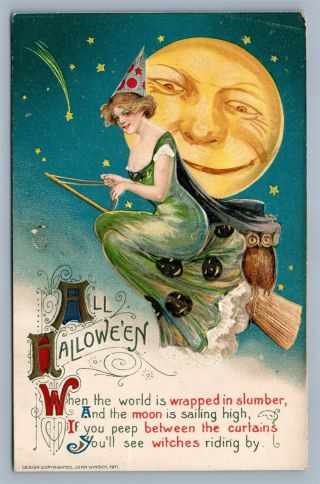 Halloween Antique 1911 Embossed Postcard By John Winsch Pretty Witch Schmucker