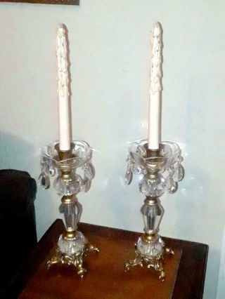 Vintage Pair (set Of 2) Elegant Crystal & Brass 12 " Candlesticks Candle Holders