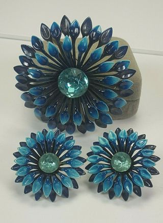Vintage 1960s Peacock Blue Enamel Rhinestone Metal Flower Pin & Clip On Earrings