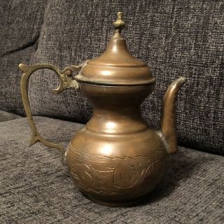 Antique Middle Eastern Turkish Tea Pot Brass Carved Coffee Islamic Arabic Old