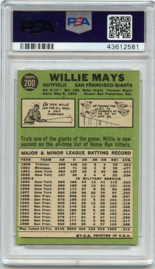 1967 TOPPS BASEBALL 200 WILLIE MAYS,  SAN FRANCISCO GIANTS,  HOF - PSA 7 (12581) 2