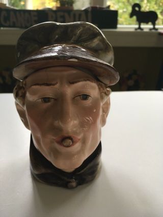 Antique Majolica Figural Head Tobacco Humidor Jar Man W/ Derby Cap Cigar
