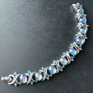Signed Coro Vintage Blue Ab Glass Silver Tone Crystal Rhinestone Bracelet 586