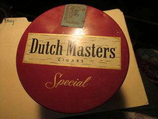DUTCH MASTERS CIGARS tin humidor box,  Rembrandt art,  old tax label,  50s red 2