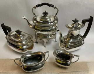 Rare Antique Walker & Hall Silver Plated 4pc Tea Set & Claw Feet Spirit Kettle