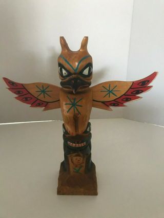 Vintage Hand Carved & Painted Signed H C Totem Pole Eagle / Thunderbird 10 1/2 "