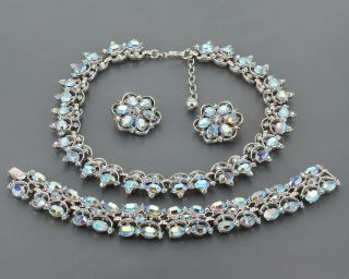 Vintage Signed Trifari Blue Ab Rhinestone Parure Necklace Bracelet Earrings Set