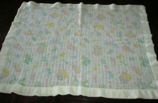Vintage Baby Waffle Weave Thermal Satin Trim Blanket White Multi Color