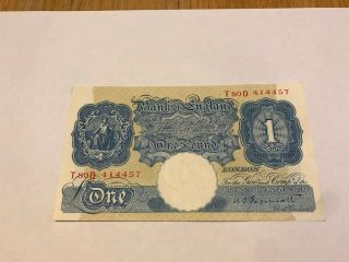Vintage Great Britain Note 1 Pound (1940) Blue Peppiat Prefix T80d 414457 - Ef