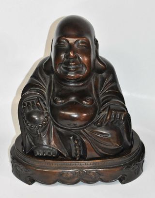 Estate Find Antique Chinese Hand Carved Wood Buddha Statue W/base 7.  5” Tall