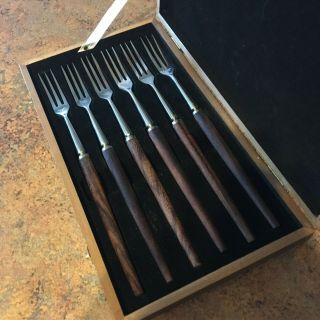 Vintage Mcm Stainless Set 6 Long 3 Prong Fondue Forks Wood Handles Made In Japan