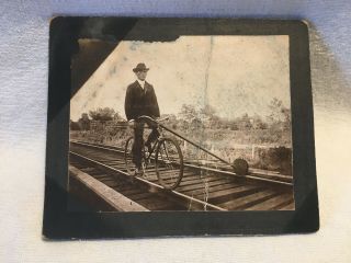 Vintage Photograph Of Bicycle On Railroad Tracks C.  1900,  Matted