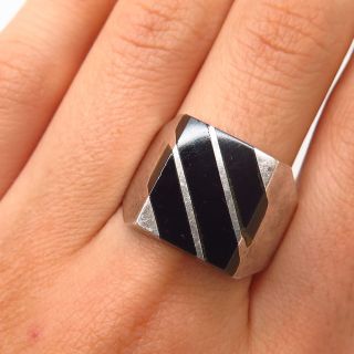 Vtg Mexico 925 Sterling Silver Real Black Onyx Inlay Gem Signet Ring Size 11 1/4