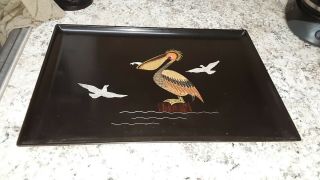 Mcm Vintage Hand Crafted Wood & Metal Inlaid Pelican Black Resin Couroc Tray