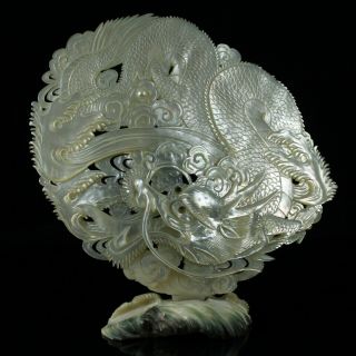 Chinese Mother Of Pearl Carved Shell Dragon On Stand