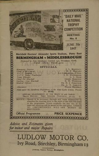 Vintage Speedway Programme June 1947 Birmingham V Middlesbrough Meeting No8