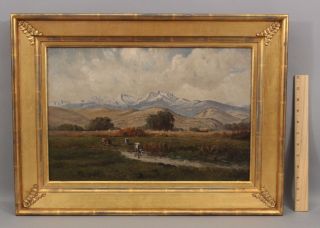 1917 Antique Lee Hayes American Western Landscape Oil Painting,  Cows & Hay Wagon
