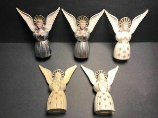 Set Of 5 Vintage Hard Plastic Praying Angel Ornaments Tall Wings Halo Bradford