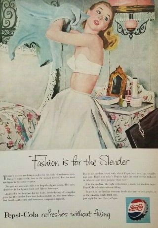 1950s Sexist Misogyny Fashion Is For The Slender Pepsi Woman In Bra Art Vtg Ad