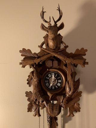 Antique Cuendet Black Walnut Cuckoo Clock W/music Box,  Rabbit,  Rifle,  Hunt Scene