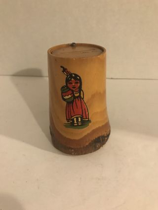 Vintage 4 1/2 " Souvenir Wood Tree Bark Female Native American Hand Painted Bank