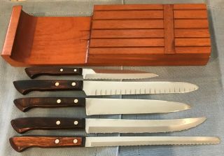Set Of 5 Ekco Flint Vintage Slicing Chefs Utility Knives W/ Wood Wall Holder Usa