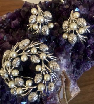 Vintage Crown Trifari Pine Cone & Pearl Brooch,  Earrings Silver Tone