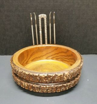Vintage Rustic Wood Nut Cracker Bowl Set W/ Tool Picks Old Live Edge Wooden Bark