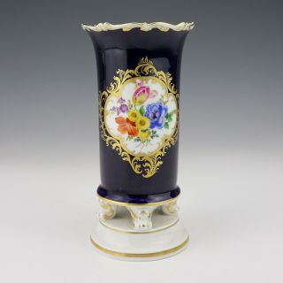 Antique Meissen Dresden Porcelain - Hand Painted Flowers Cobalt Blue Footed Vase