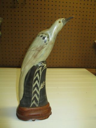 Vintage Detail Carved Horn Large Bird Sculpture Statue Figurine,  11 " Tall