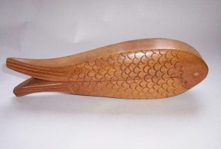 Vintage Scandinavian Carved Wooden Fish Themed Nut Crackers Detail 8 " Long