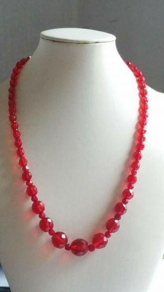 Czech Vintage Art Deco Red Faceted Glass Bead Necklace