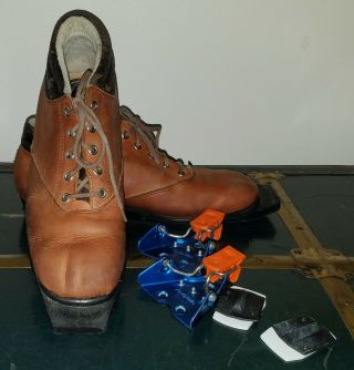 Vtg Tan Leather Haugen Cross Country Ski Boots Shoes Eu Sz 44 Norway W/ Bindings