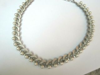 Vintage Trifari Pearl And Rhinestone Silver Leaf Necklace