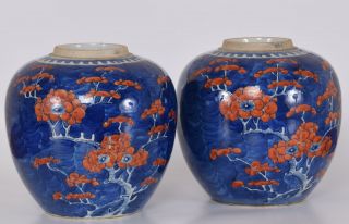 Pair Chinese Porcelain Prunus Ginger Jars Blue White Glaze With Red Enamel Qing