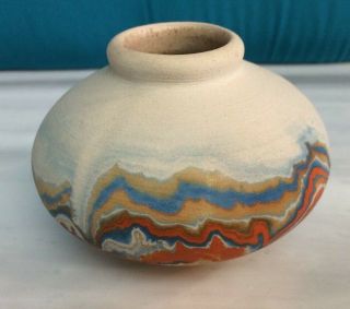 Vintage Nemadji Art Pottery 2 1/2 X 4 " Vase Marbled Tan Blue Orange