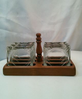 Vtg Mid - Century Men 6 Clear Glass Ashtray Caddy Wood Holder Carrier Mad Lounge