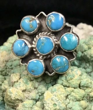 Old Pawn,  Vintage Native American Sterling Silver & Gem Turquoise Cluster Ring