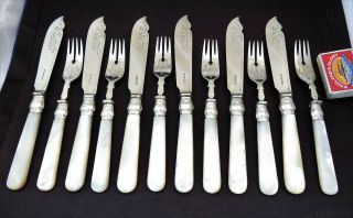 Large Solid Silver & Mother Of Pearl Fish Cutlery Set 1872 - Cased - Spade Forks
